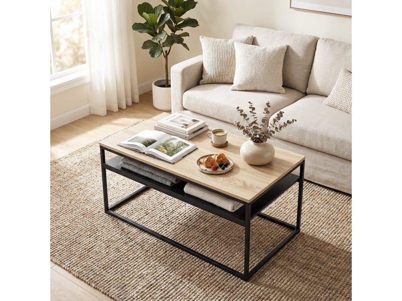  Table basse avec 1 niche ouverte, design industriel bicolore, pour salon, 100 × 59,8 × 47 cm, en bois et métal, chêne  - Conforama C
