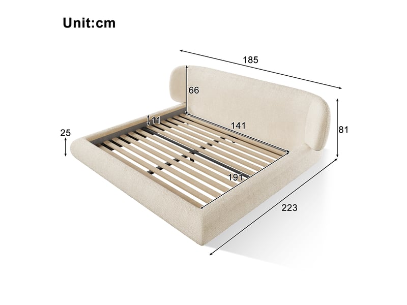 Lit 2 places 140x190 cm, tête de lit rembourrée, sommier à lattes, coins arrondis, cadre rembourré, chenille pour chambre - beige - Conforama C