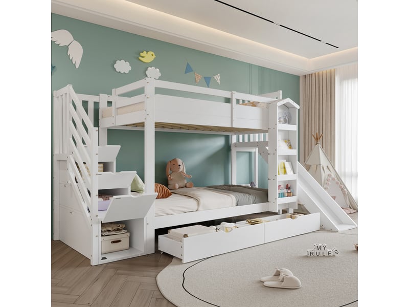  Lit cabane enfant blanc 90x200 cm avec rangements pour livres, 2 tiroirs, toboggan et coffre escalier  - Conforama B