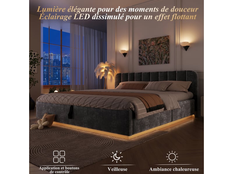 Lit coffre 180x200 cm anthracite, tissu chenille, sommier relevable hydraulique, led contrôlée par appli, sommier à lattes inclus - Conforama D