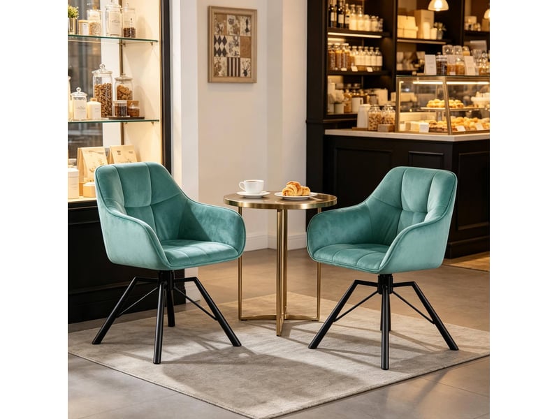  Chaise de salle à manger pivotante 57x50x82,5cm, turquoise, métal, accoudoirs et dossier  - Conforama D