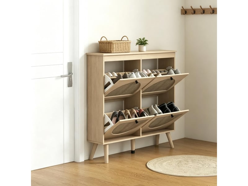 Meuble à chaussures 105x24x97,5 cm à 4 abattants, aspect rotin, bois naturel - Conforama C
