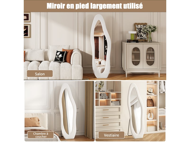  Miroir sur pied 160x50 cm blanc,miroir décoratif ,ondulé irrégulier,grand miroir mural avec cadre en flanelle  - Conforama W