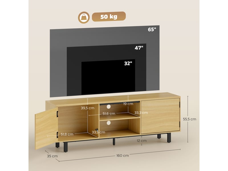  Meuble tv, meuble télé jusqu'à 65 pouces, 2 portes à ouverture par pression et 2 étagères, bois naturel, 160x35x55,5cm  - Conforama C