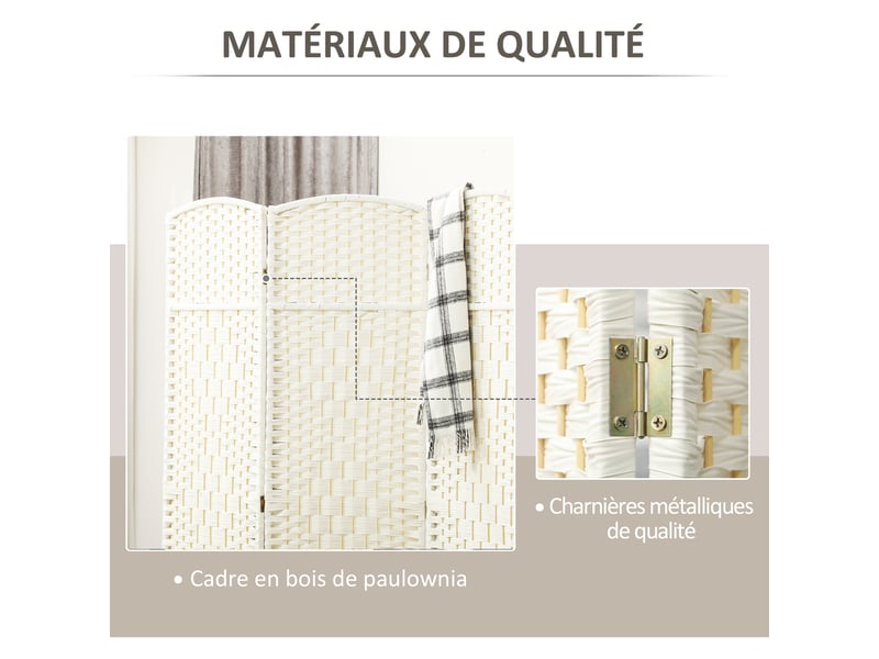  Paravent intérieur en bois 3 panneaux séparateur de pièce pliable pour salon chambre blanc 135 x 180 cm  - Conforama R