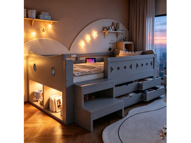  Lit enfant, 90x200 cm, avec rangements, tiroirs, barrières de sécurité, led, matelas non inclus, bois, coloris gris  - Conforama D