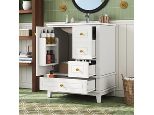 Meuble sous vasque sur pied 61 cm blanc brillant avec vasque en céramique, 4 tiroirs et porte à fermeture douce