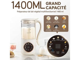 Blender chauffant 1.4l machine à lait végétal et soja sans filtration – robot cuiseur multifonction 800w bol en verre borosilicate, 16 lames inox et départ différé 12h – blanc crème