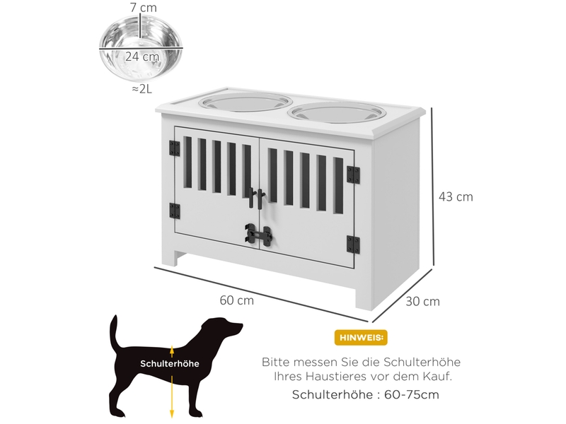 Station de repas surélevée blanche avec rangement verrouillable, 2 gamelles inox 2 l, idéale pour grands animaux - Conforama C