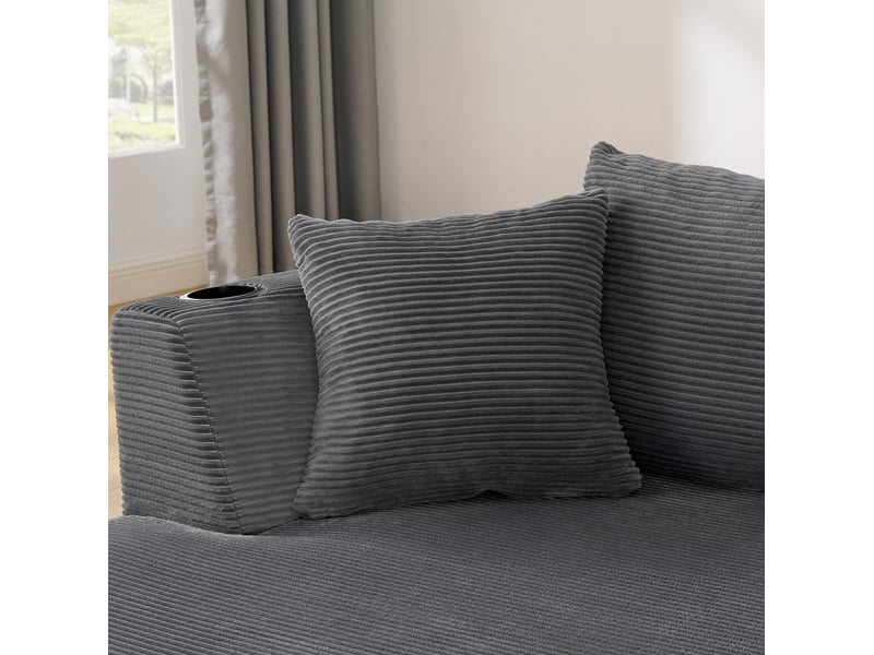 Canapé d'angle fixe 3 places avec méridienne gauche en velours côtelé gris 264 cm, porte-gobelets intégrés - Conforama D