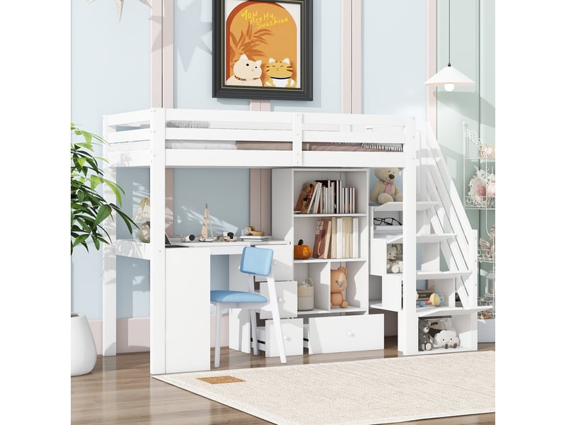  Lit mezzanine 90x200 cm - lit junior avec bureau intégré, tiroirs et étagères, bois de pin et mdf - sans matelas - blanc  - Conforama D