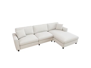 Canapé d’angle modulable en l 256 cm 3 places avec méridienne réversible extra-large 90 cm, accoudoirs courbés, ressorts ensachés, chenille beige