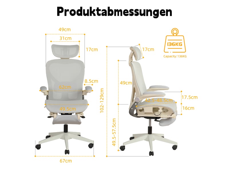  Chaise de bureau ergonomique pliable avec appui-tête 3d - lpospi - soutien lombaire réglable, maille - gris  - Conforama D
