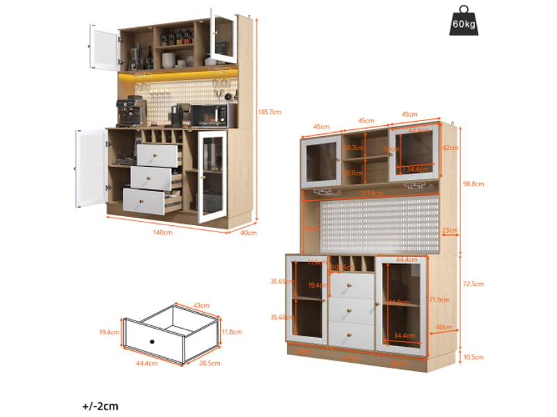 Meuble haut moderne avec led blanc - placard cuisine et séjour, armoire porte-bouteilles, étagères réglables  - Conforama C