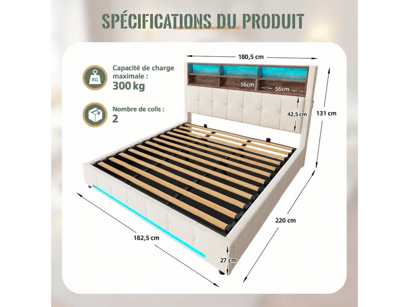  Lit coffre 180x200 en velours beige, ouverture hydraulique, tête de lit à 6 niches, usb-c et led  - Conforama C