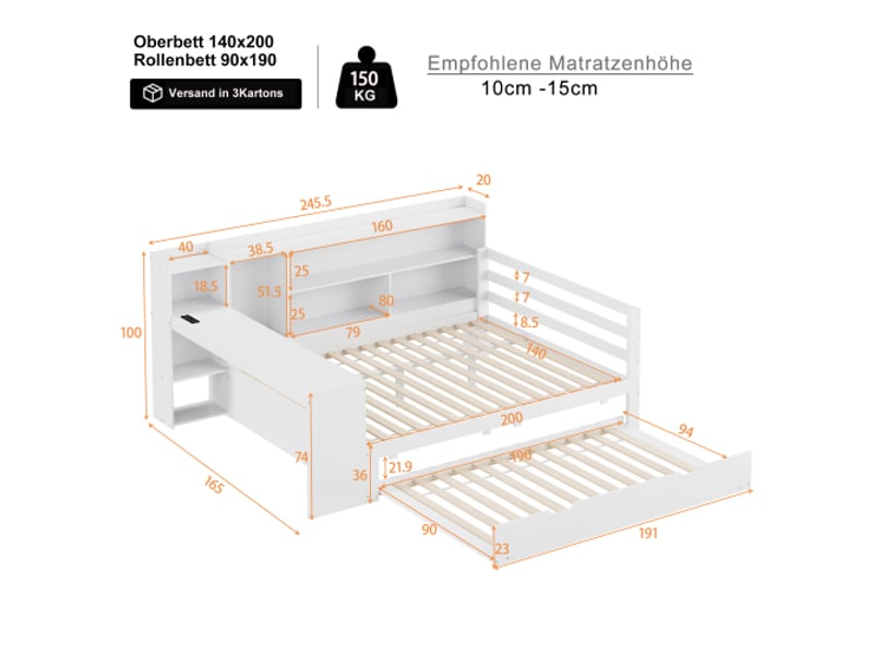  Lit enfant 140x200 cm, avec lit gigogne et rangements, en bois, blanc, sans matelas  - Conforama D