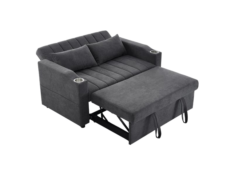  Canapé convertible 2 places 136x162 cm avec dossier réglable 3 positions, porte-gobelets et poches latérales - lin gris  - Conforama A