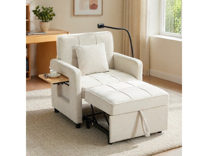  Fauteuil convertible 79x66x83 cm, meuble de salon canapé 1 place, poches latérales et coussins, revêtement chenille beige  - Conforama B