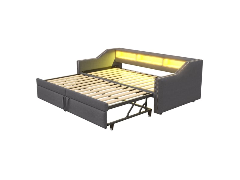  Lit banquette 90180 x 200 cm – gris foncé – led, usb, rangements et 2 matelas à ressorts inclus h3  - Conforama D