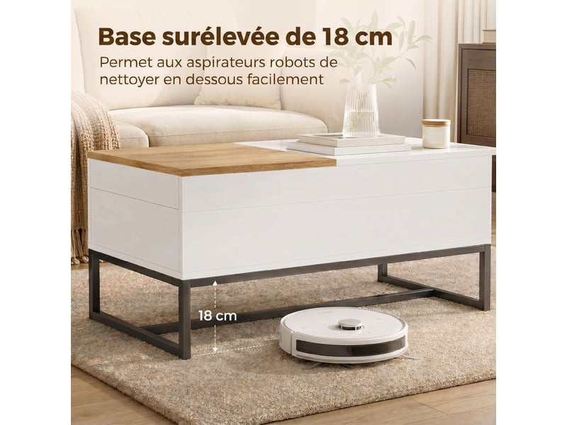  Table basse extensible avec plateau coulissant, blanc, table de salon avec rangement caché et pieds en acier  - Conforama R