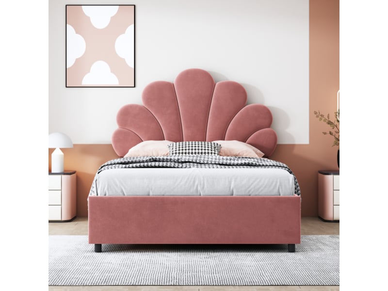  Lit enfant 90x200 cm - lit coffre hydraulique - tête de lit florale réglable - velours - rose  - Conforama B