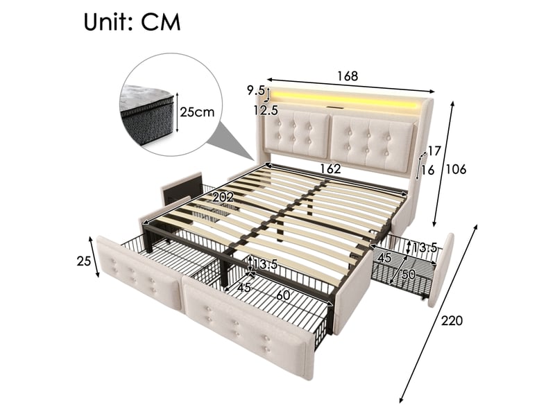  Lit coffre 160 × 200 cm 2 places avec 4 tiroirs, led multicolore, usb et type-c, matelas inclus, beige  - Conforama D