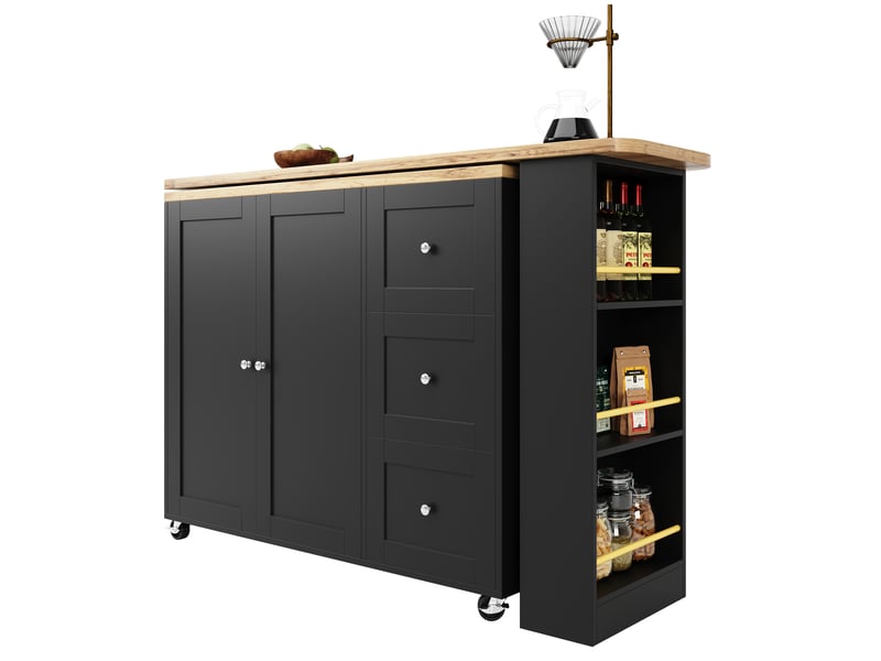  Îlot de cuisine noir table de bar pivotante à 360° (135-203x39x106 cm) avec rangement, roulettes et étagère à snacks  - Conforama W