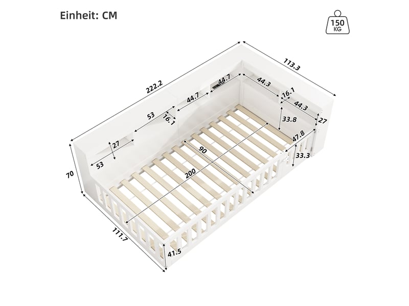  Lit banquette enfant 90x200 cm avec sommier, rangement, prises usb, blanc  - Conforama C