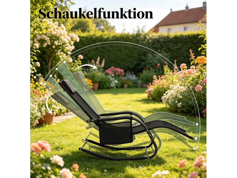  Transat à bascule noir en tissu polyester avec poche latérale, 152 x 62 x 83 cm, pour terrasse et jardin  - Conforama D