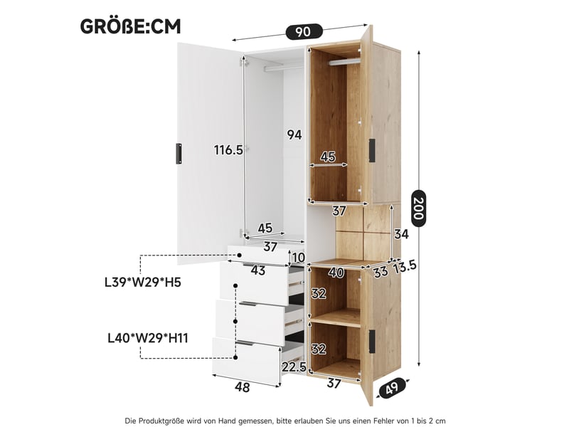  Armoire 90x49x200 cm avec éclairage led et tiroir à bijoux, mdf, blanc et bois, dressing et accessoires pour chambre  - Conforama C