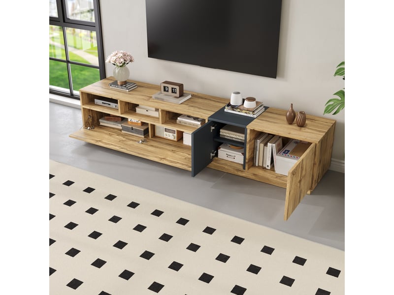  Meuble tv 200 cm design épuré, contraste net, compartiments ouverts et passe-câbles, style moderne  - Conforama D