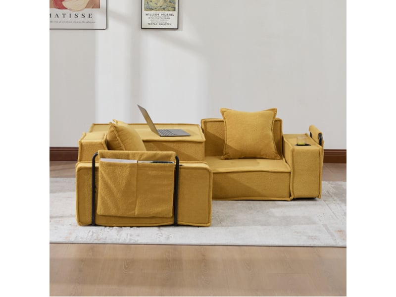  Canapé-lit double moderne et canapé tissu 2 places – ottomane de rangement et porte-boissons – coin lecture  - Conforama D