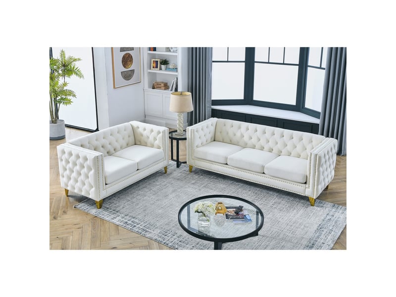 Canapé droit, coloris beige, matière mousse, ressorts, velours et bois, 5 places - Conforama E