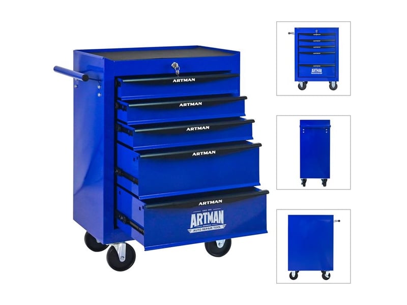 Chariot à outils à 5 tiroirs - noir & bleu - acier - 22.1 kg - roues pivotantes avec freins 52.4x33x65.6cm - Conforama D