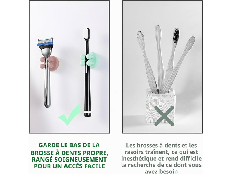  Lot de 6 supports brosse à dents en silicone - organisateur mural auto-adhésif étanche pour salle de bain, cuisine et bureau, vert  - Conforama C