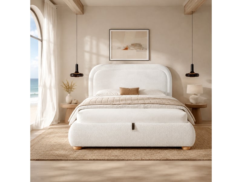 Lit coffre double 160 x 200 cm blanc en bouclette avec sommier à lattes et tête de lit - Conforama C