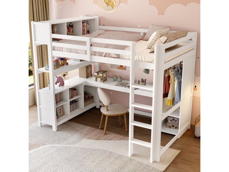  Lit mezzanine 140x200 cm avec bureau, étagères, armoire, sans matelas, blanc, rangement pour enfant sûr  - Conforama D
