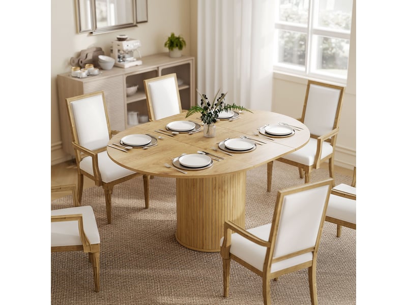  Table extensible pour 6 à 8 personnes, de forme ronde à ovale, avec pied central, en bois et acier, coloris bois  - Conforama C