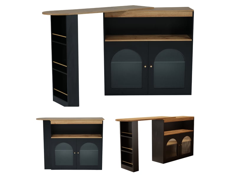  Table de bar extensible moderne avec lumière led,3 compartiments de rangement,2 portes et 1 niche,rotatif à 360 degrés,138-193x39x105cm,noir table de bar noir - Conforama D