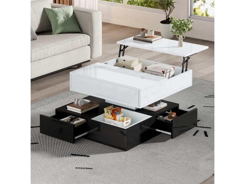  Table basse blanche et noire, table basse pivotante à 360° avec 3 tiroirs, console centrale relevable pour salon  - Conforama B