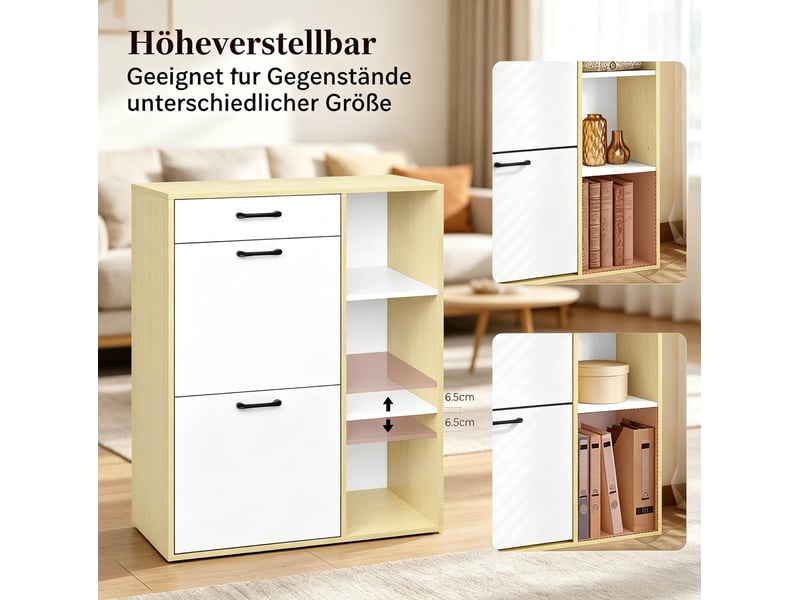  Meuble à chaussures 80x30x90 cm blanc en mdf, 1 tiroir, 2 compartiments abattants et 3 niches ouvertes  - Conforama E