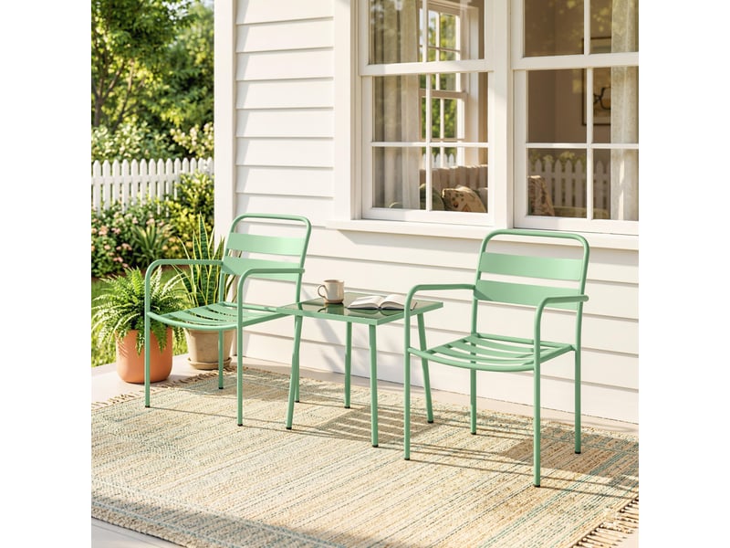 Ensemble bistrot de jardin 3 pièces - table basse en verre trempé et 2 chaises à lattes, cadre en acier galvanisé, vert - Conforama C