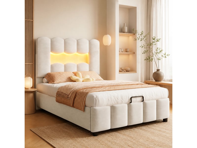 Lit coffre 90x200 cm rangement hydraulique, éclairage multicolore en velours et mdf beige  - Conforama B