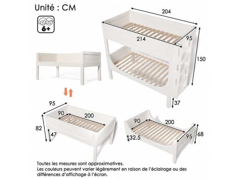 Lit superposé 2 places en bois et métal, séparable et échelle repositionnable, 90×200 cm, sans matelas, blanc - Conforama D