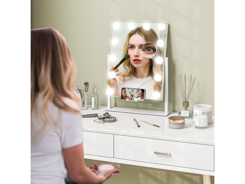 Miroir hollywood avec led 12 ampoules, luminosité réglable, rotation à 360°, grossissement 10x, touche tactile, blanc - Conforama D