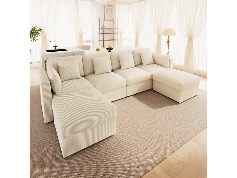  Canapé d’angle beige, canapé modulaire pour salon six places en velours côtelé avec poufs amovibles et accoudoirs réglables  - Conforama R