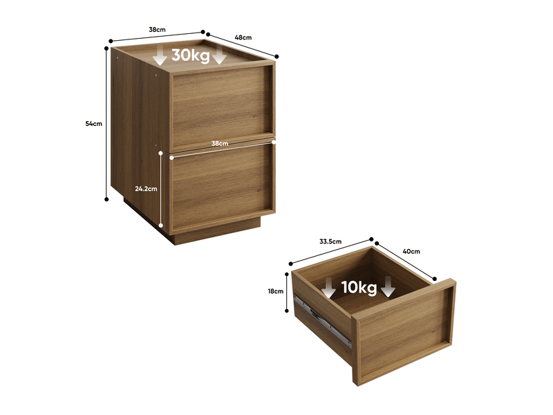  Table de chevet 48x38x54 cm, 2 tiroirs sans poignées, meuble de chambre, rangement, mdf et panneau de particules, chêne  - Conforama C