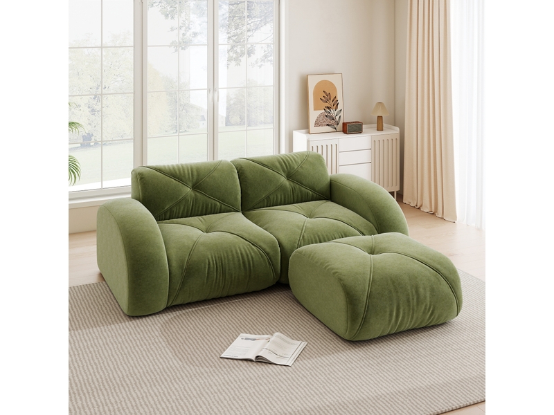  Canapé modulable ulevr 2 places avec pouf en chenille vert, mousse haute densité 32d, 204 x 171 x 76 cm  - Conforama B