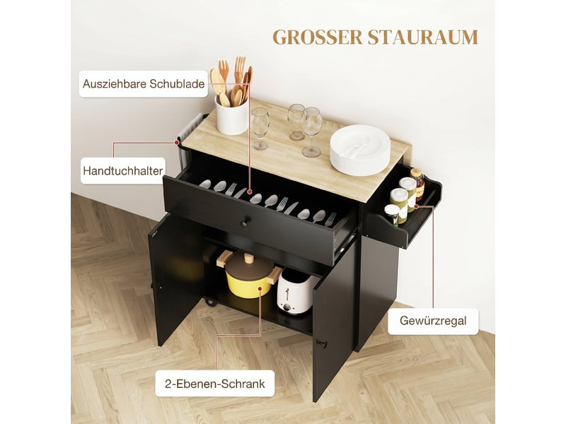  Desserte de cuisine avec plateau rabattable et tiroir noir et chêne 106 x 42 x 87 cm  - Conforama E