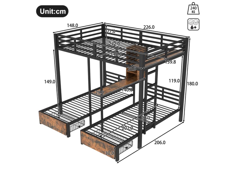  Lit superposé 3 couchages 140x200 cm et 90x200 cm avec rangements noir  - Conforama C